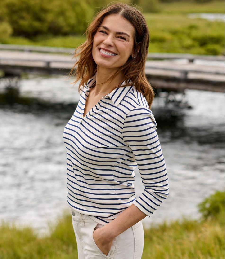 Women's Pima Cotton Tee, Three-Quarter-Sleeve Polo Stripe | L.L.Bean outlet
