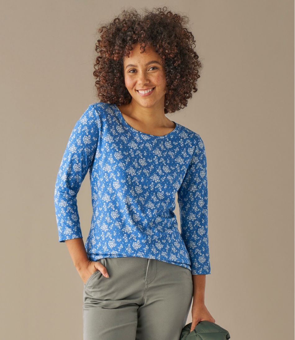 Women's Pima Cotton Shaped Jewelneck Tee, Three-Quarter-Sleeve Print | L.L.Bean for sale