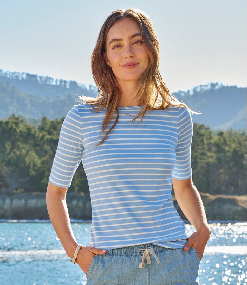 Women's Pima Cotton Tee, Elbow-Sleeve Boatneck Stripe | L.L.Bean for sale