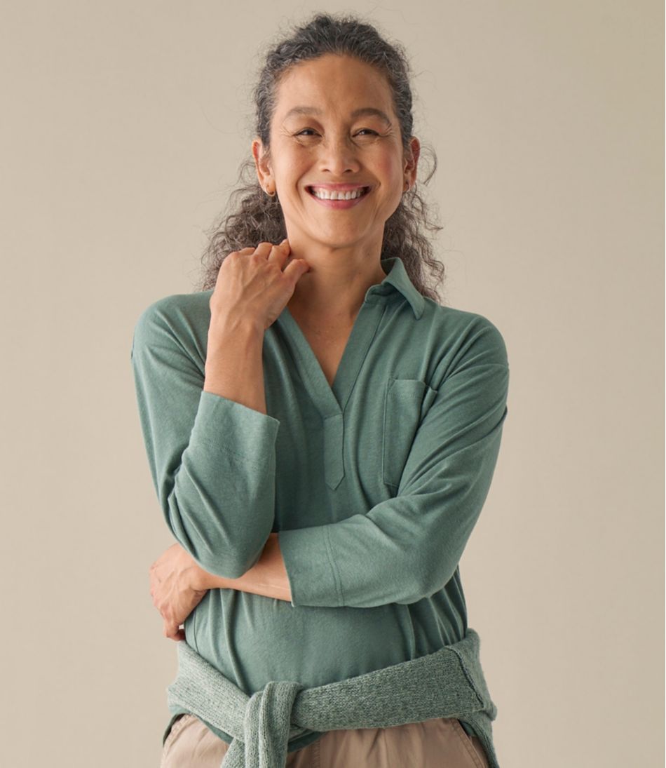Women's Linen/Cotton Tee, Three-Quarter-Sleeve Splitneck Polo | L.L.Bean for sale