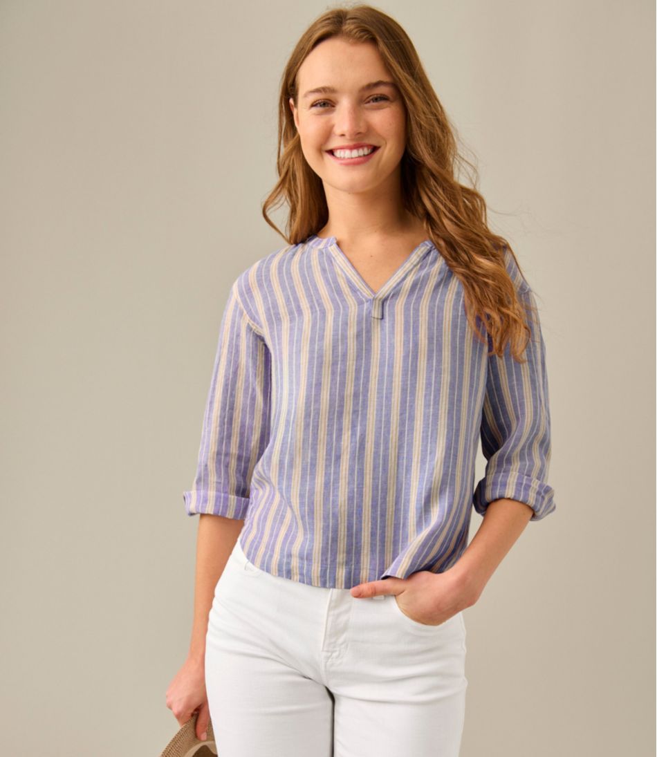 Women's Premium Washable Linen Shirt, Splitneck Stripe | L.L.Bean for sale