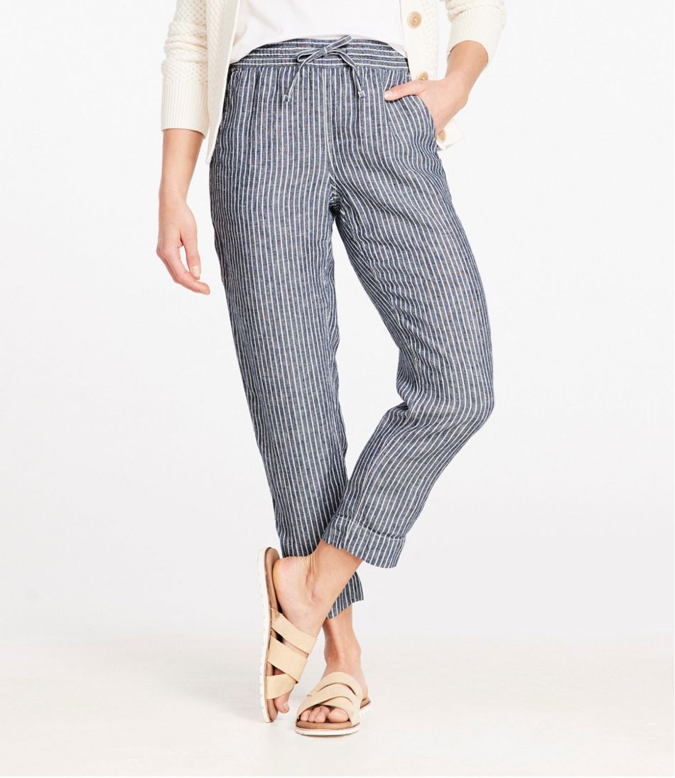 Women's Premium Linen Pull-On Ankle Pants, Mid-Rise Tapered-Leg Stripe | L.L.Bean sale