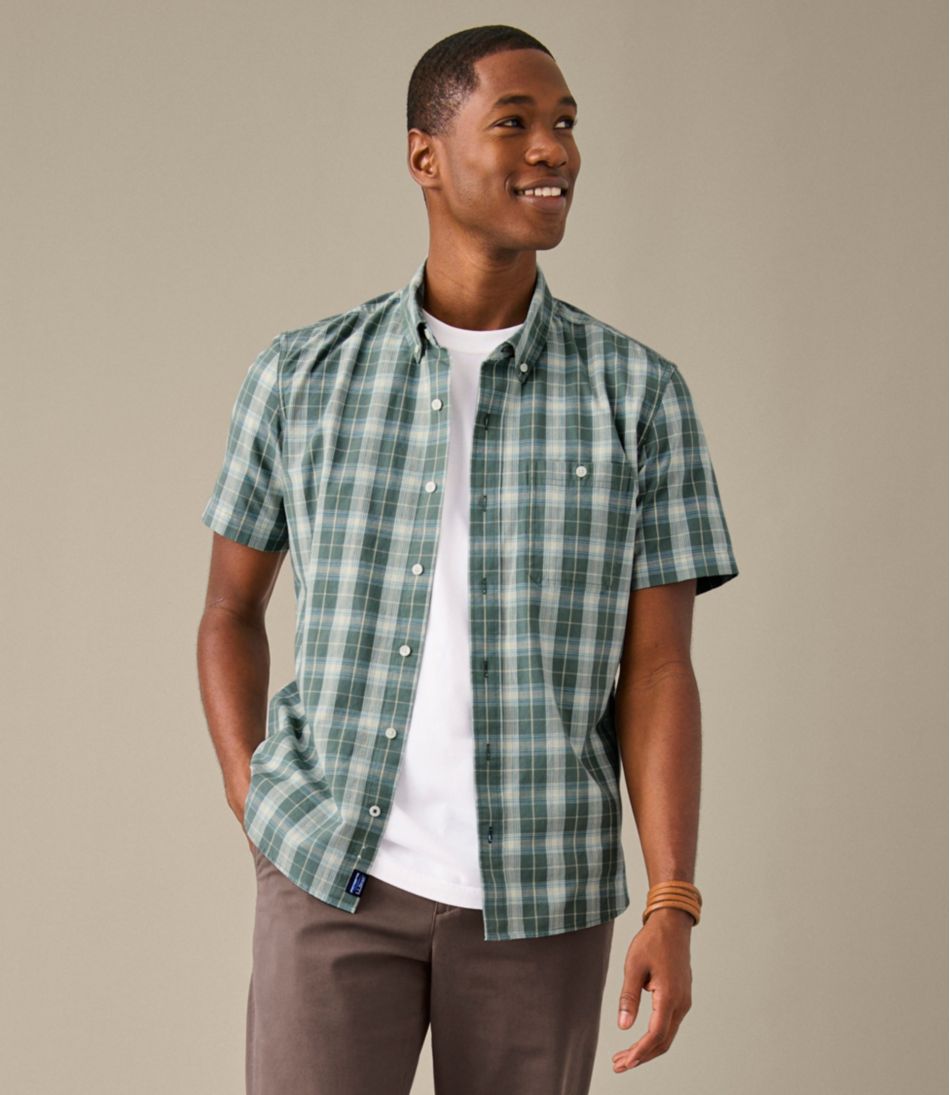 Men's Comfort Stretch® Chambray Shirt, Slightly Fitted Untucked Fit, Short-Sleeve, Plaid | L.L.Bean discount
