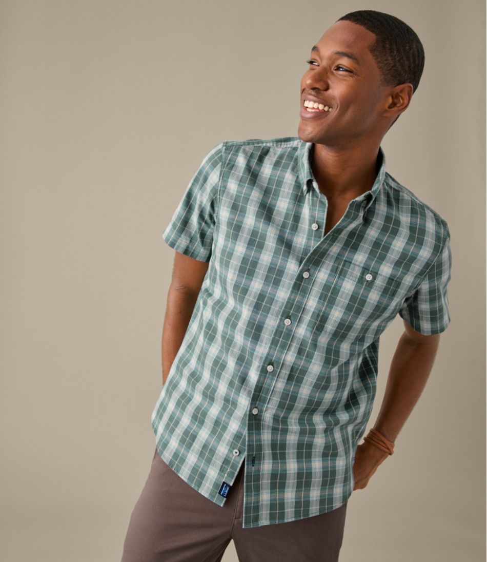 Men's Comfort Stretch® Chambray Shirt, Slightly Fitted Untucked Fit, Short-Sleeve, Plaid | L.L.Bean discount