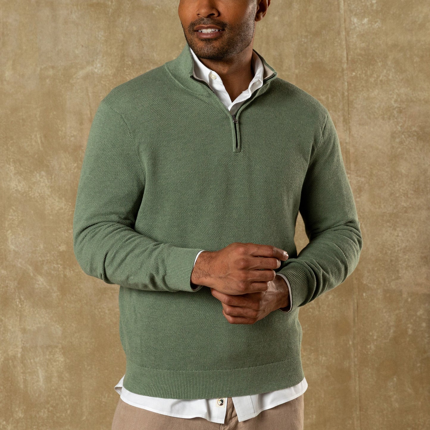 Duck Head Colton Pique 1/4 Zip Sweater - Oil Green Heather