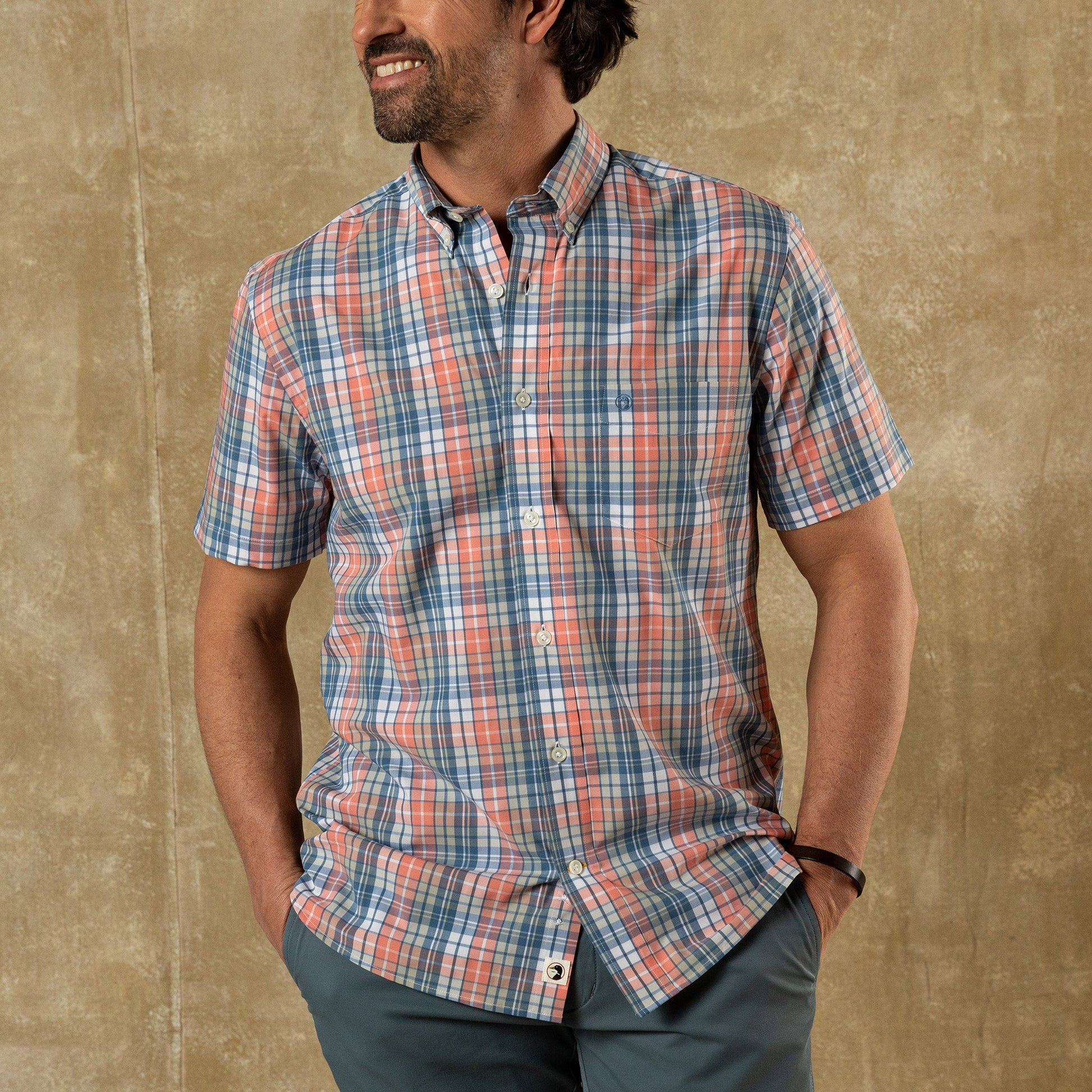 Duck Head Performance Poplin Sport Shirt - Oakville Plaid - Coral
