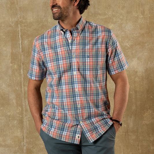 Duck Head Performance Poplin Sport Shirt - Oakville Plaid - Coral