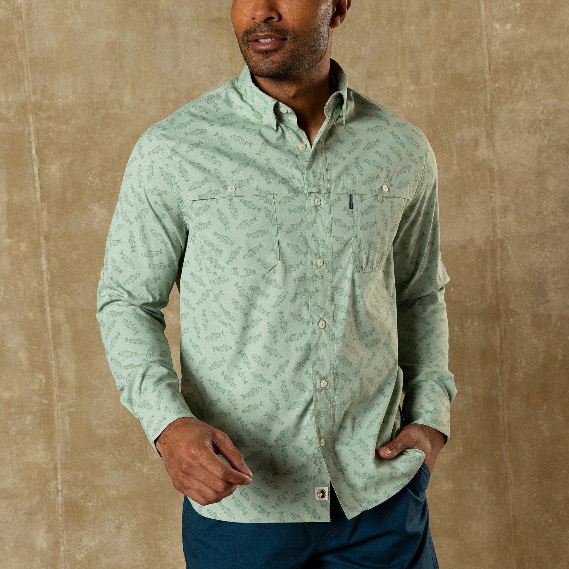 Duck Head Performance Dobby Guide Shirt - Angler Print - Sage