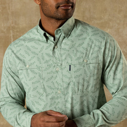Duck Head Performance Dobby Guide Shirt - Angler Print - Sage