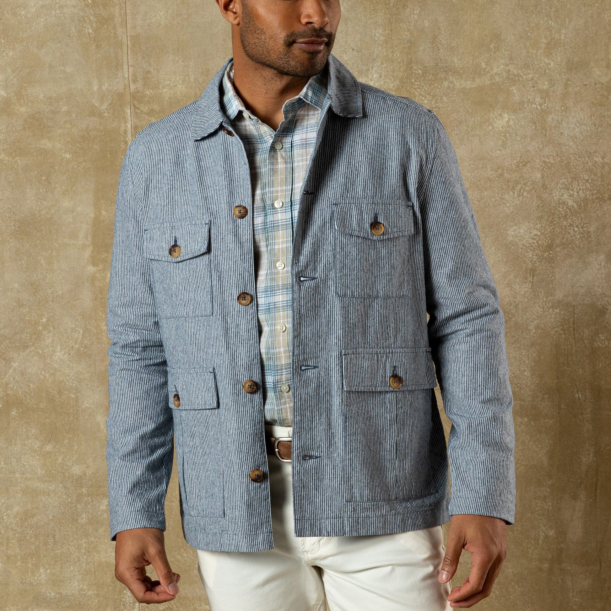 Duck Head Rutledge Safari Jacket - Shorewood Stripe - Mallard Blue