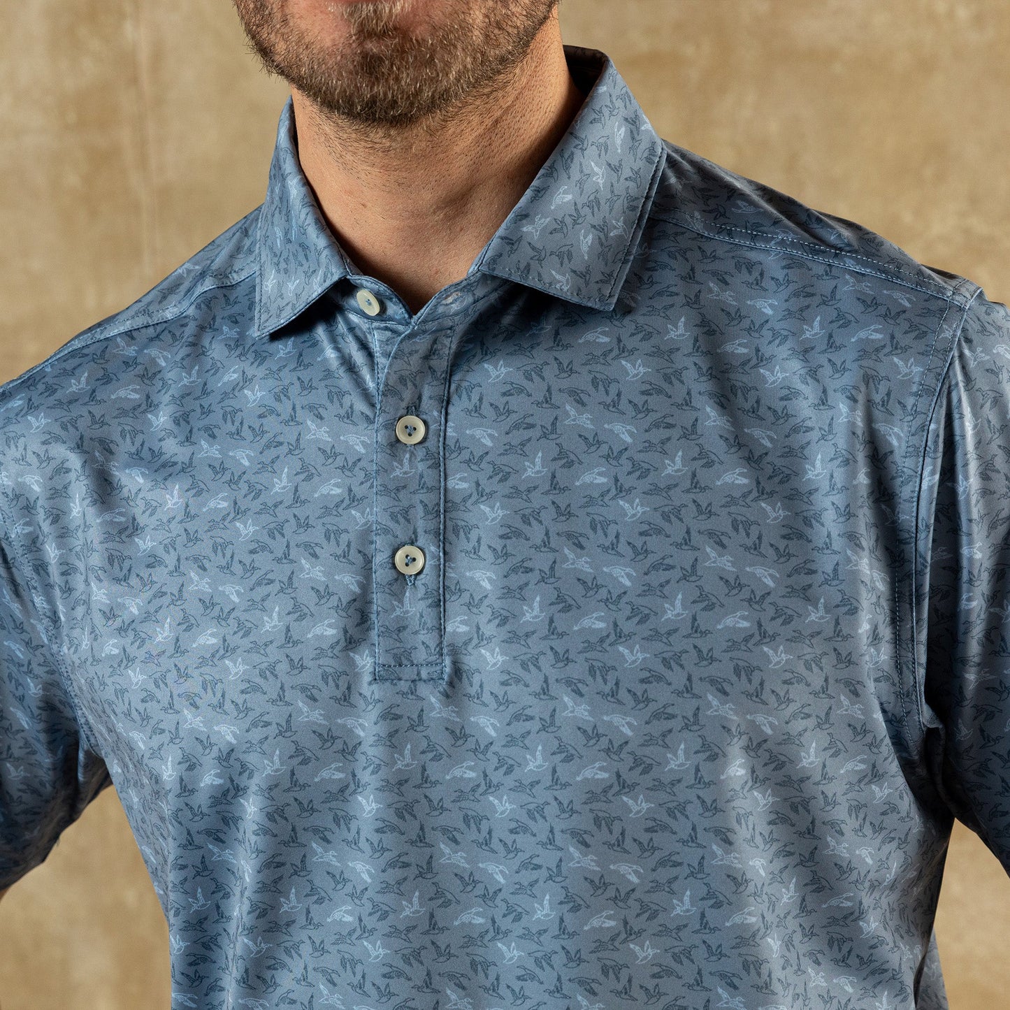 Duck Head Long Drive Performance Polo - Wingbeat Print - Chambray Blue