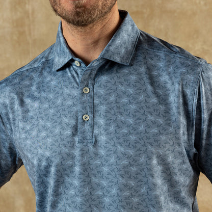 Duck Head Long Drive Performance Polo - Wingbeat Print - Chambray Blue