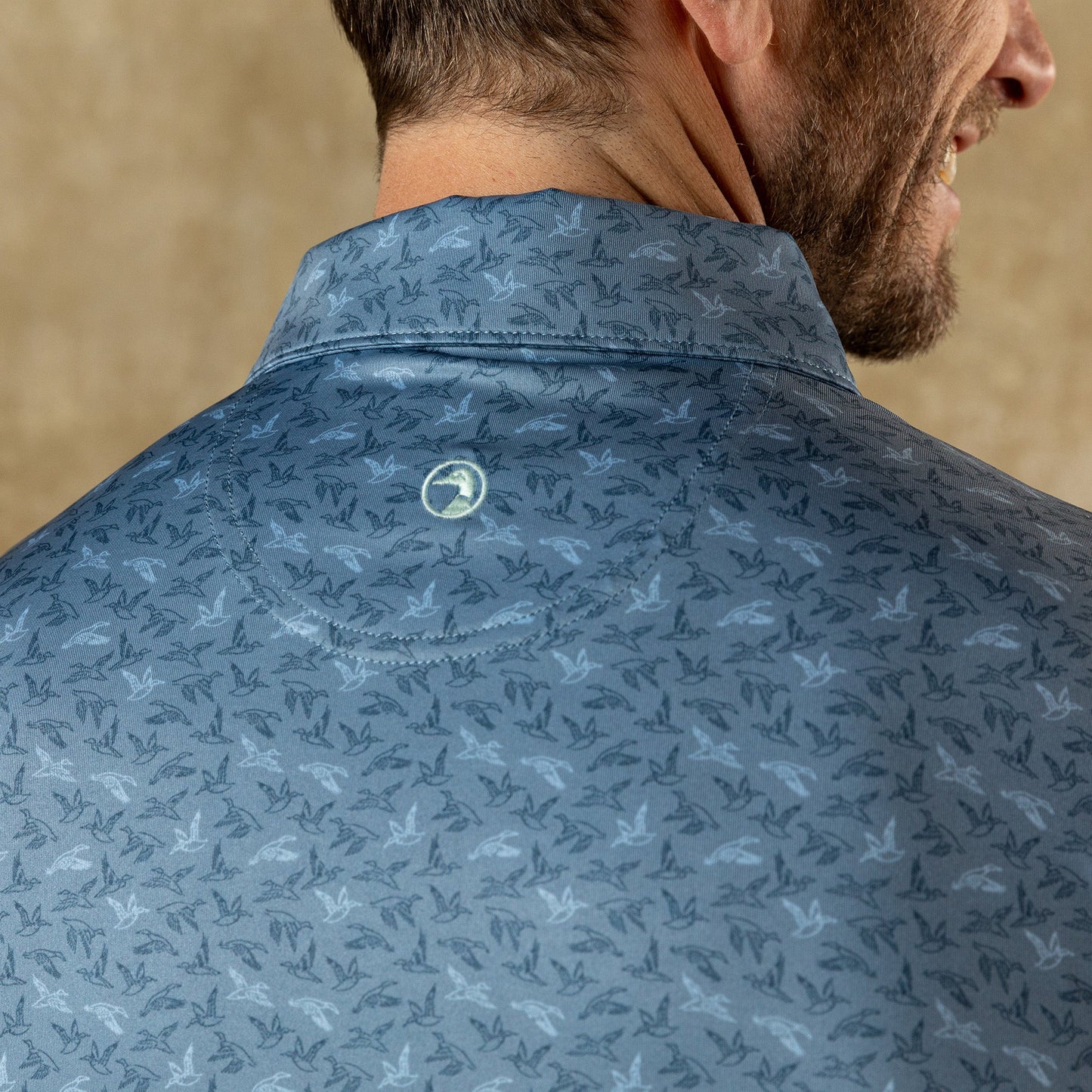 Duck Head Long Drive Performance Polo - Wingbeat Print - Chambray Blue