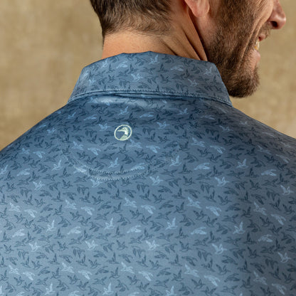 Duck Head Long Drive Performance Polo - Wingbeat Print - Chambray Blue