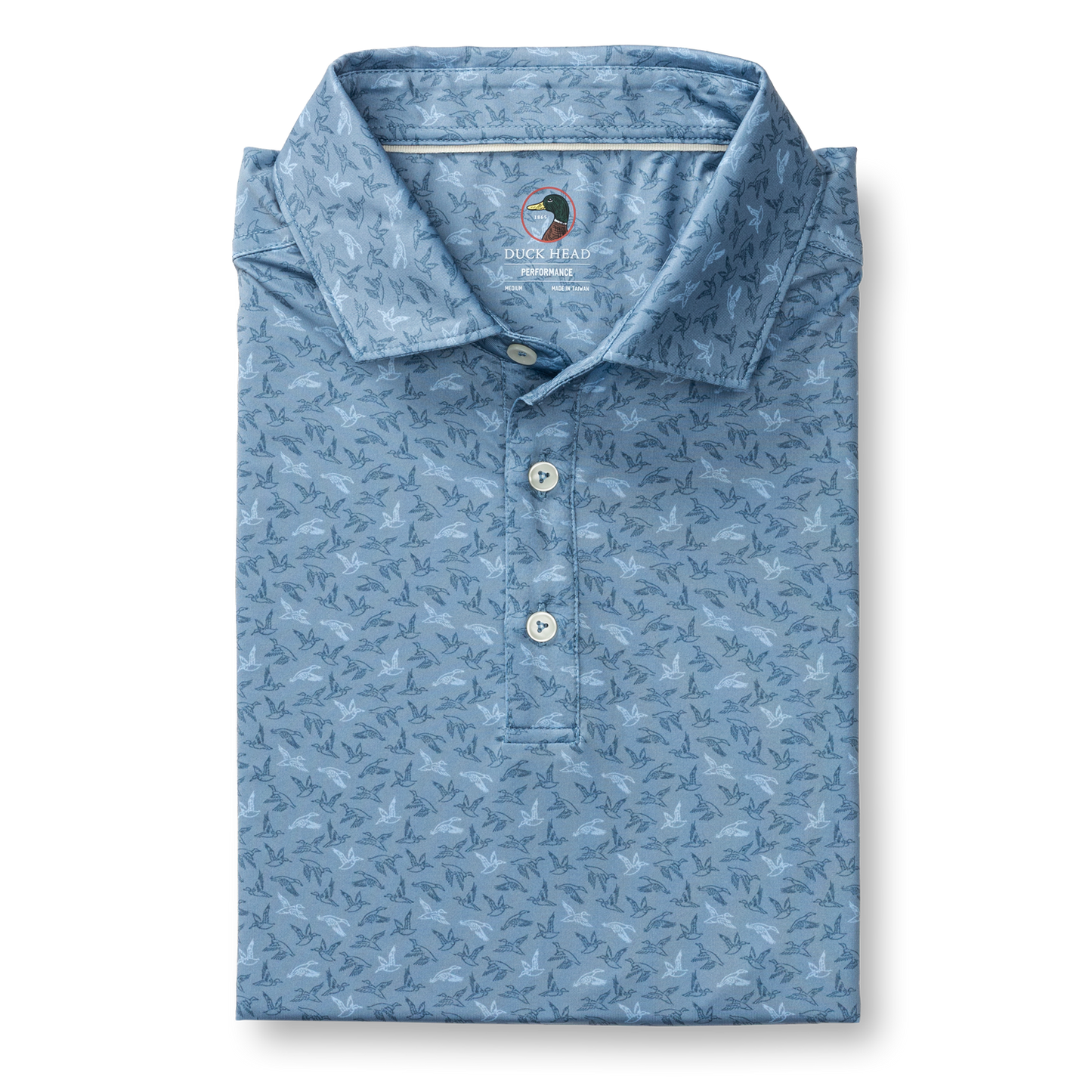 Duck Head Long Drive Performance Polo - Wingbeat Print - Chambray Blue