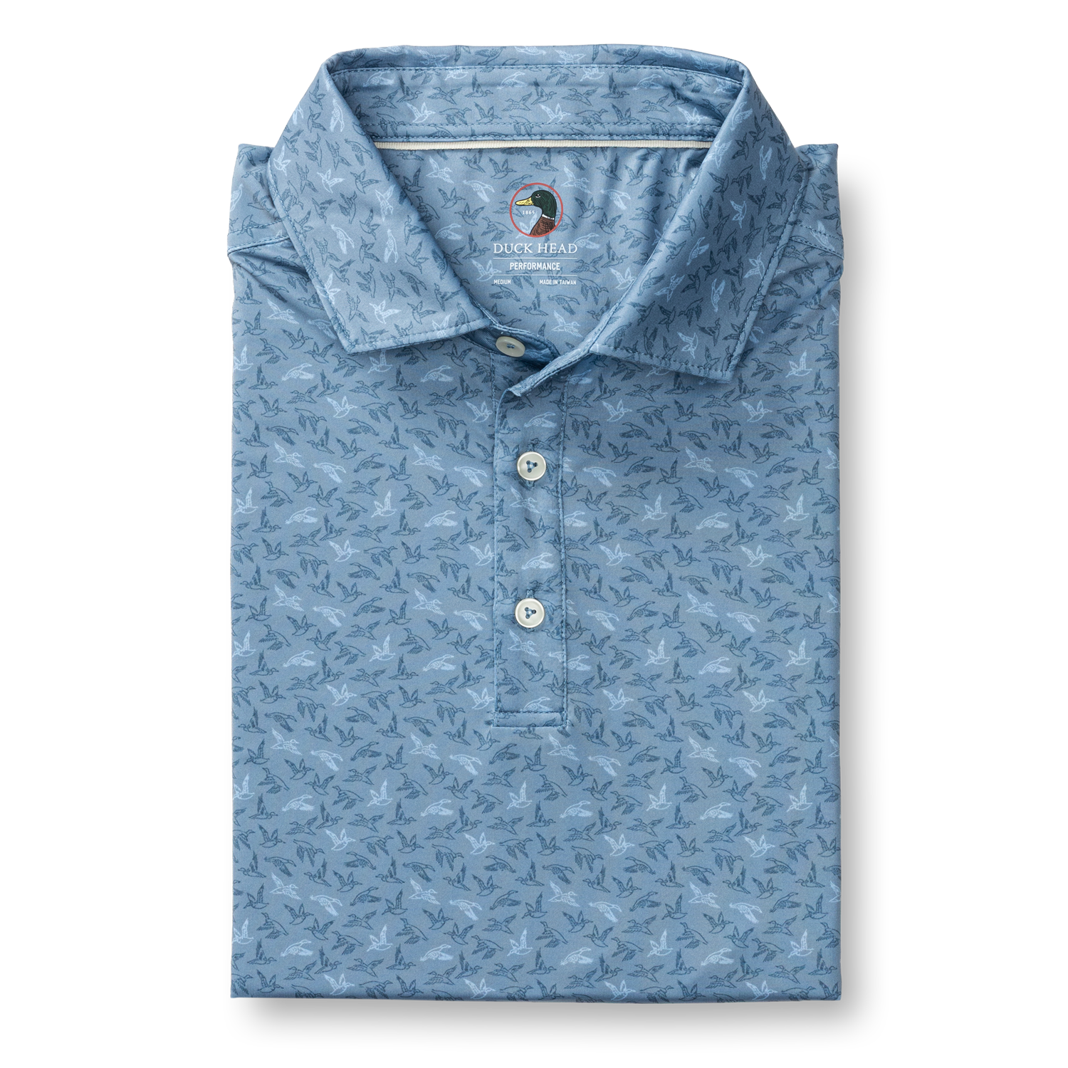 Duck Head Long Drive Performance Polo - Wingbeat Print - Chambray Blue