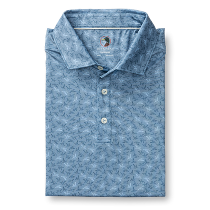 Duck Head Long Drive Performance Polo - Wingbeat Print - Chambray Blue