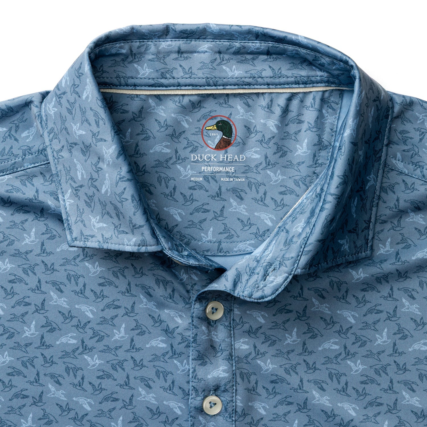 Duck Head Long Drive Performance Polo - Wingbeat Print - Chambray Blue