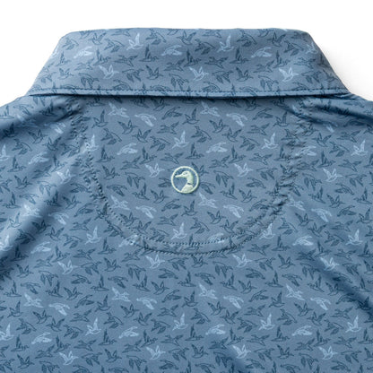 Duck Head Long Drive Performance Polo - Wingbeat Print - Chambray Blue