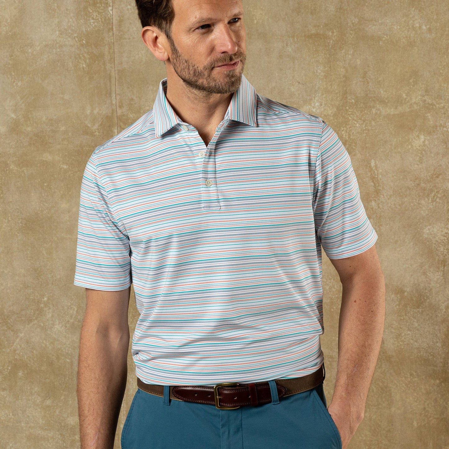 Duck Head Long Drive Performance Polo - Neil Stripe - Sky Blue