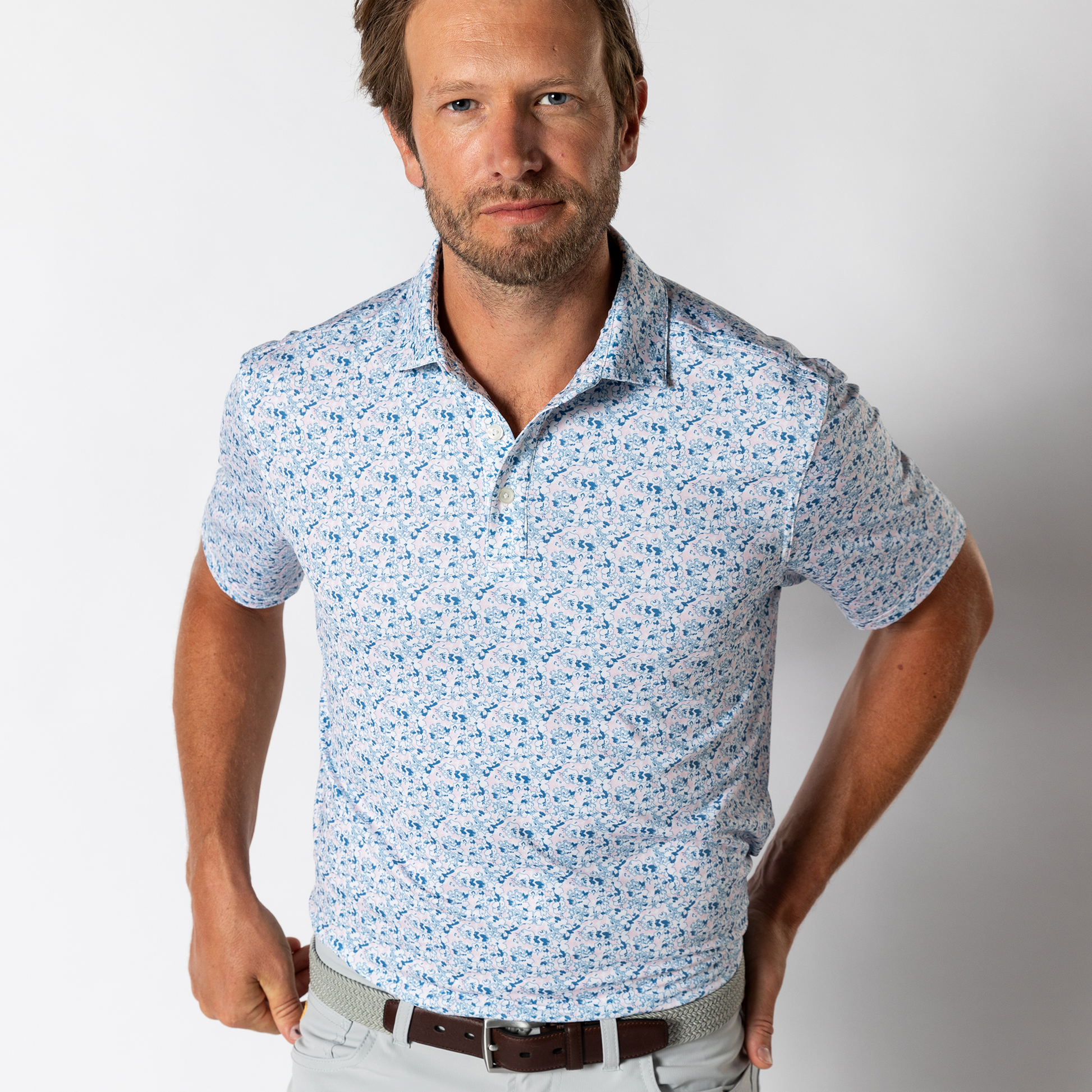 Duck Head Long Drive Performance Polo - Canopy Floral - Pastel Pink