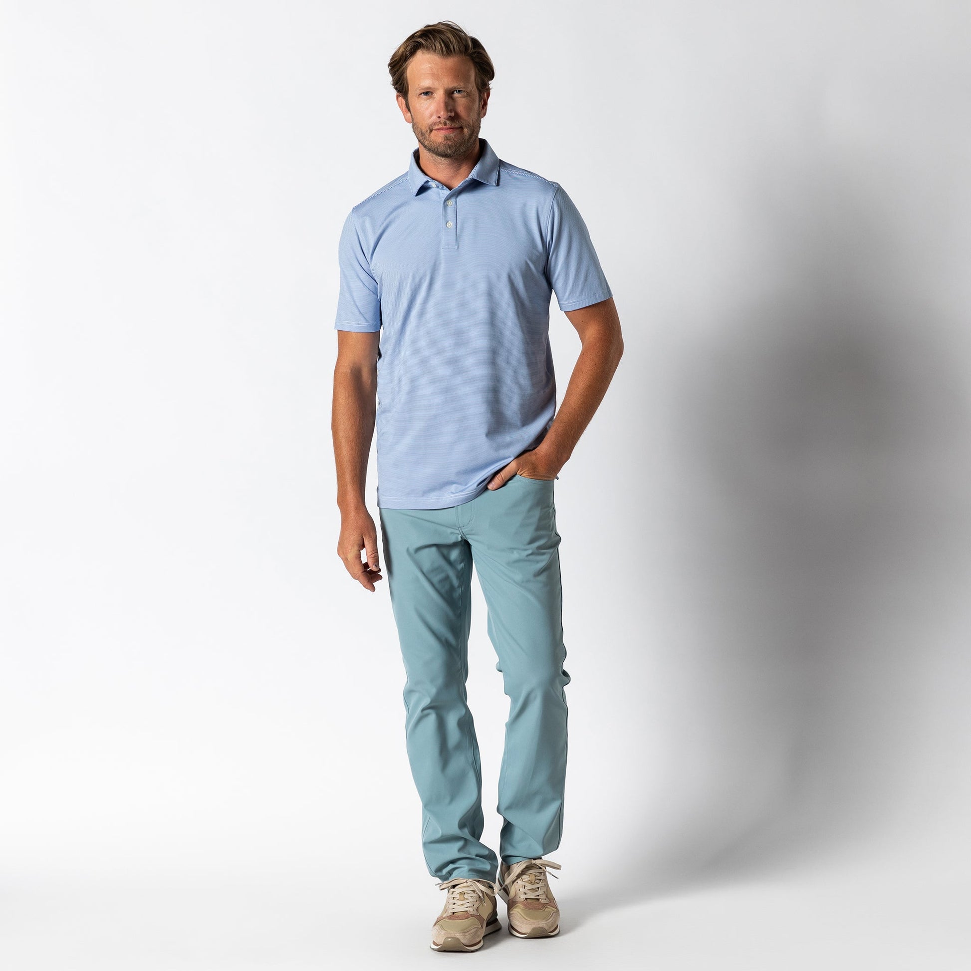 Duck Head Long Drive Performance Polo - Blane Stripe - Lake Blue