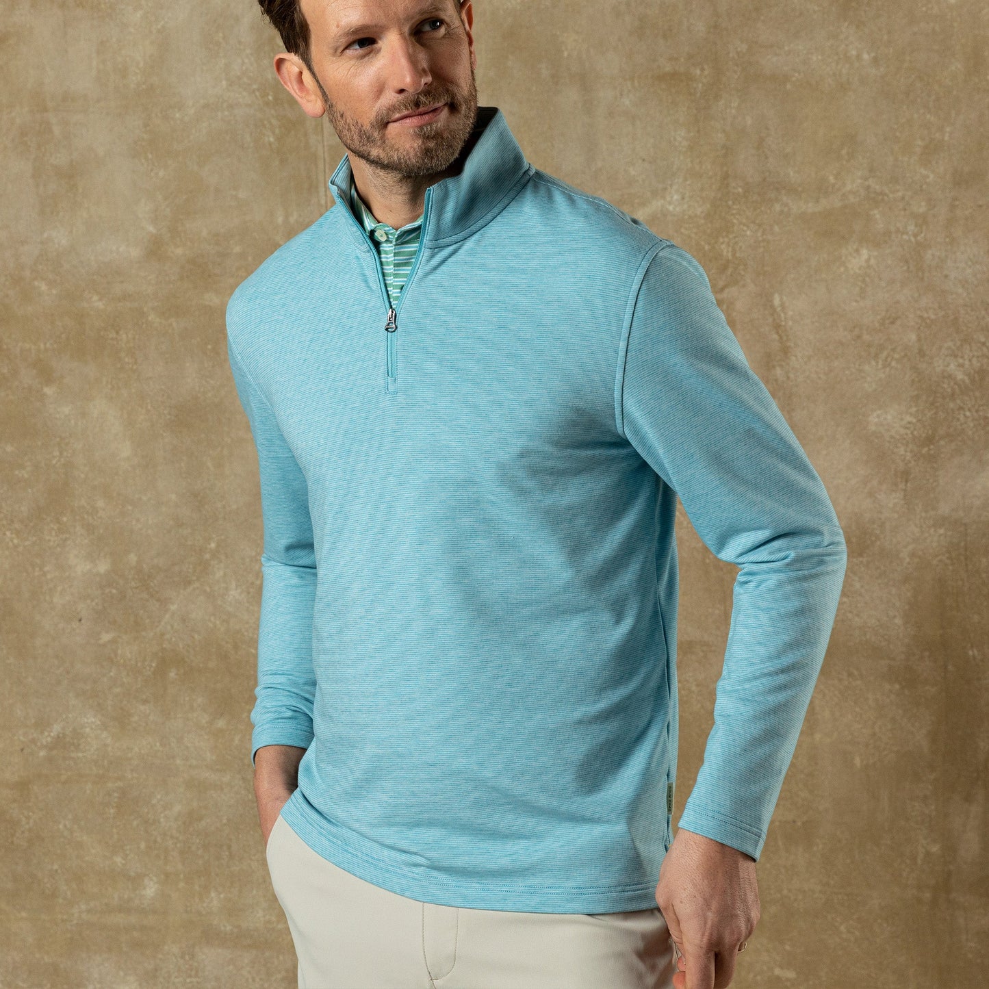 Duck Head Summerford Striped Performance 1/4 Zip Pullover - Lake Blue Heather