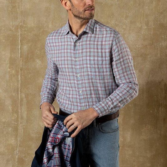 Duck Head Linen Poplin Sport Shirt - Piers Plaid - Sky Blue