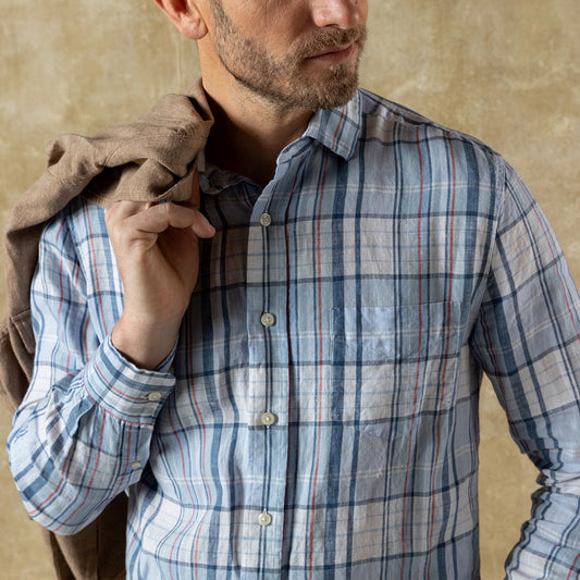 Duck Head Linen Poplin Sport Shirt - Bridger Plaid - Serenity Blue