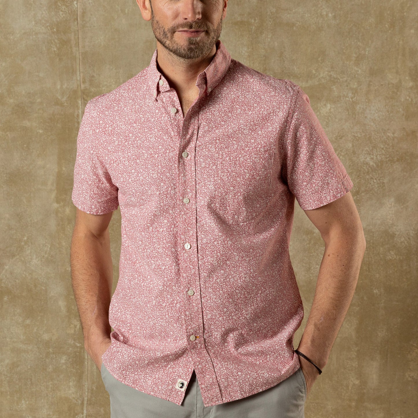 Duck Head Cotton Chambray Sport Shirt - Woodville Floral - Rosewood