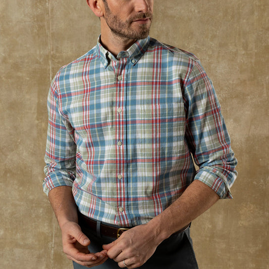 Duck Head Cotton Chambray Sport Shirt - Thorne Plaid - Sunwashed Blue